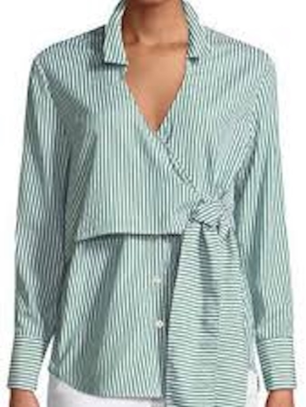 NWT Bardot Wrap Tie Button-Down Poplin Shirt in Green Stripes - Size 6 / Medium